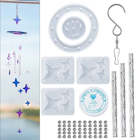 DIY Heart Wind Chime Making Kits, including 5Pcs Silicone Molds, 48Pcs Brass Beads, 1Pc Stainless Steel S Hooks, 1 Roll Crystal Thread, 3Pcs Round Tubes