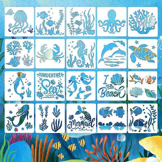 Ocean Theme PET Plastic Hollow Out Drawing Painting Stencils Templates, Square with Sea Animals