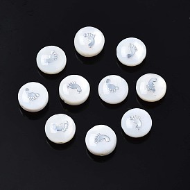 Natural Freshwater Shell Beads, with Brass Metal Embellishments, Flat Round with Footprint