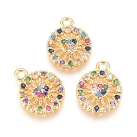 Brass Micro Pave Cubic Zirconia Charms, Flat Round with Heart
