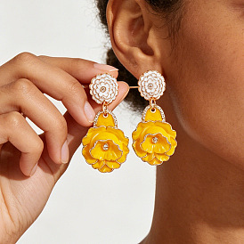 Boucles d'oreilles pendantes en alliage d'émail, fleur, or