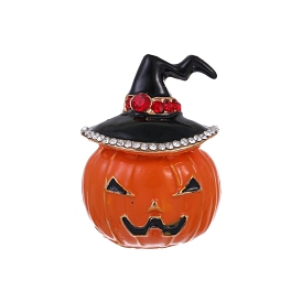 Halloween Pumpkin with Witch Hat Alloy Rhinestone Brooches, Enamel Pins, Golden