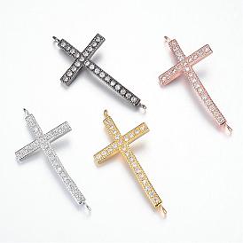 Brass Micro Pave Cubic Zirconia Links, Sideways Cross, Lead Free & Nickel Free