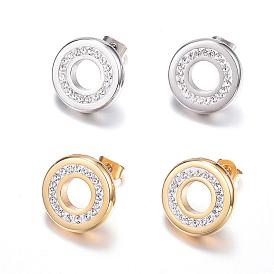 304 Stainless Steel Stud Earrings, with Polymer Clay Rhinestone, Ring