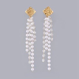Dangle Earrings, with Handmade Glass and Brass Beaded Chains, ABS Plastic Imitation Pearl and 304 Stainless Steel Stud Earring Findings, Square