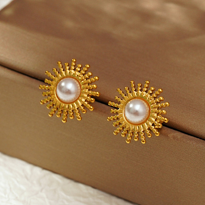 Геометрические 304 серьги-гвоздики из нержавеющей стали в форме солнца, с имитацией жемчуга