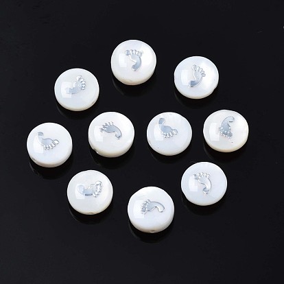 Natural Freshwater Shell Beads, with Brass Metal Embellishments, Flat Round with Footprint