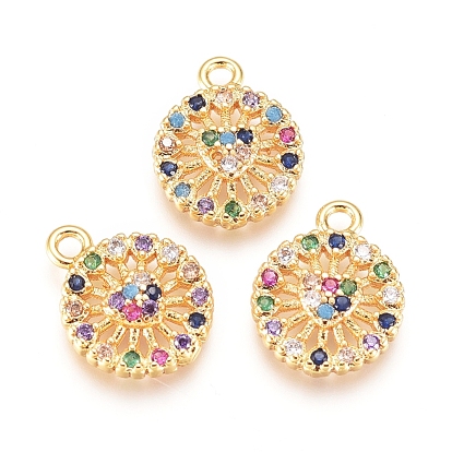 Brass Micro Pave Cubic Zirconia Charms, Flat Round with Heart