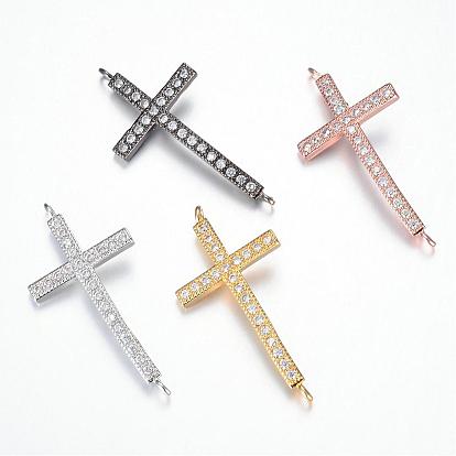 Brass Micro Pave Cubic Zirconia Links, Sideways Cross, Lead Free & Nickel Free