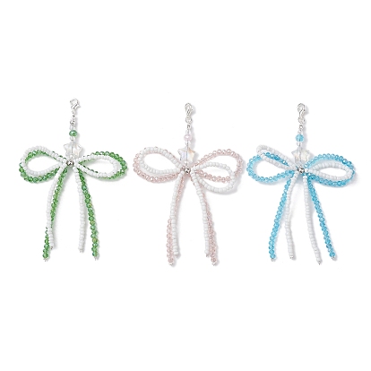 Bowknot Glass Beaded Pendant Decoration, Stainless Steel Lobster Claw Clasps Charm for Bag Ornaments