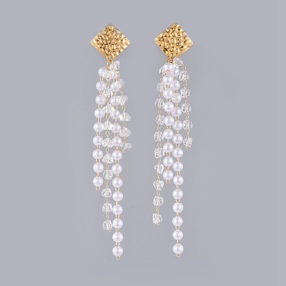 Dangle Earrings, with Handmade Glass and Brass Beaded Chains, ABS Plastic Imitation Pearl and 304 Stainless Steel Stud Earring Findings, Square
