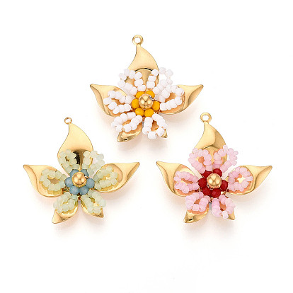 304 подвески из нержавеющей стали, цветок, со стеклянными бисеринами, реальный 18 k позолоченный, ионное покрытие (ip), граненые