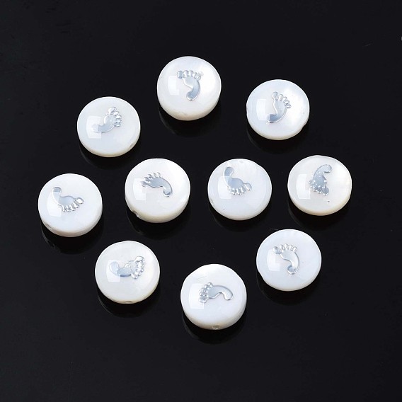 Natural Freshwater Shell Beads, with Brass Metal Embellishments, Flat Round with Footprint