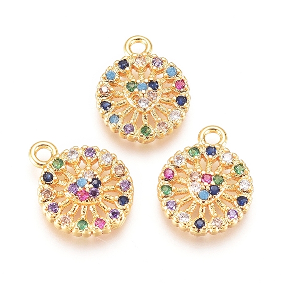 Brass Micro Pave Cubic Zirconia Charms, Flat Round with Heart