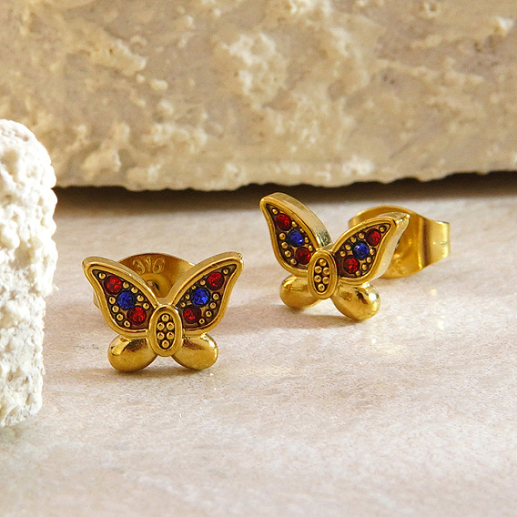 Бабочка 304 серьги-гвоздики из нержавеющей стали с микропаве и разноцветными кубическими циркониями