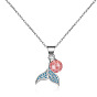 Mermaid Dolphin Pendant Necklace - Natural Strawberry Crystal, Peach Blossom, Student Mori Style.