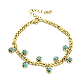 Synthetic Turquoise Flat Round Charm Bracelet, with Ion Plating(IP) 304 Stainless Steel Curb Chains