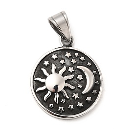 304 Stainless Steel Pendants, Flat Round with Sun and Moon and Star Pattern Charms