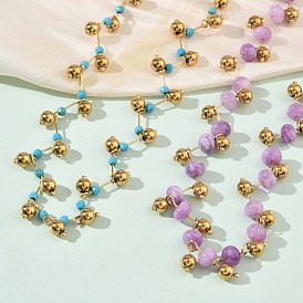 304 Женские ожерелья из нержавеющей стали и бусин с драгоценными камнями, золотые