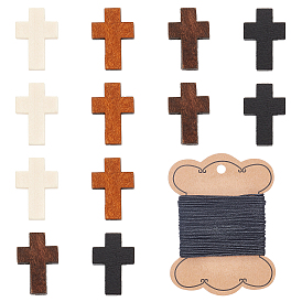 CHGCRAFT DIY Penadnt Necklace Making Kit, Including 80Pcs 4 Colors Cross Wood Pendants, 1 Roll Waxed Polyester Cords