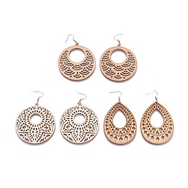 Laser Cut Wood Dangle Earrings, with Stainless Steel Findings and Brass Earring Hooks, Mixed Shapes