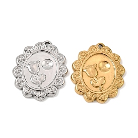 304 Stainless Steel Pendants, Floral Oval with Tulip Charms