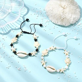 2 Набор регулируемых браслетов для женщин из натуральных раковин каури, черного турмалина, малазийского нефрита и синтетической бирюзы., морская звезда, форма ракушки и черепаха
