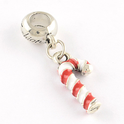Antique Silver Plated Christmas Candy Cane Alloy Enamel European Dangle Charms, Large Hole Pendants, 33x9x5mm, Hole: 5mm
