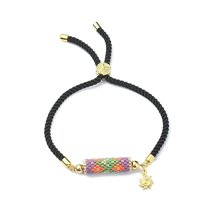 Handmade Seed Column Link Slider Bracelet with Sun Charms, Nylon Twisted Cord Adjustable Bracelet for Women