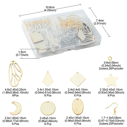Kit de fabrication de boucles d'oreilles vierges inachevées, y compris les pendentifs en bois de peuplier naturel lune et étoile et cerf-volant et feuille, Crochets de boucles d'oreilles en fer