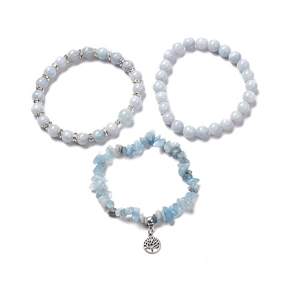 Natural Aquamarine Beads Stretch Bracelet Set for Men Women Girl Gift, Tree of Life Tibetan Style Alloy Charm Bracelets
