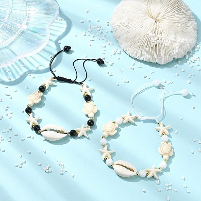 2 Набор регулируемых браслетов для женщин из натуральных раковин каури, черного турмалина, малазийского нефрита и синтетической бирюзы., морская звезда, форма ракушки и черепаха