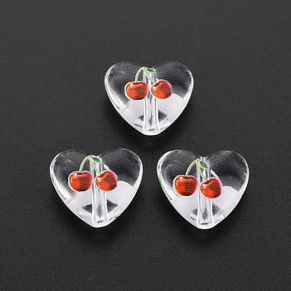Transparent Printed Acrylic Beads, Heart with Cherry