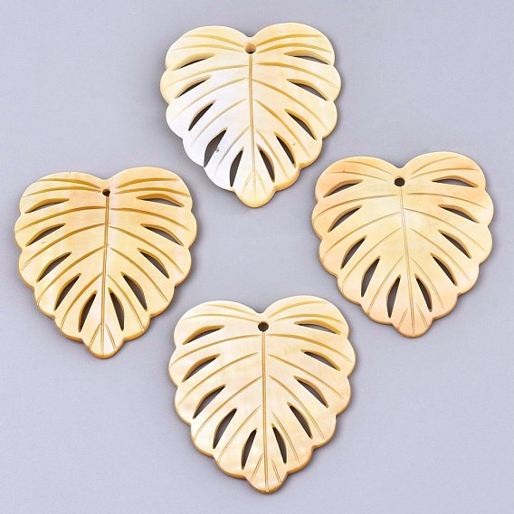 Natural Yellow Shell Pendants, Tropical Leaf Charms, Monstera Leaf
