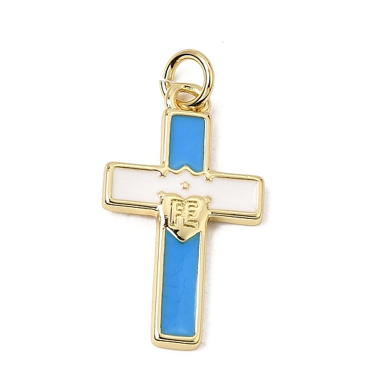 Brass Enamel Pendants, Cross with Word FE Charms, Rack Plating, Long-Lasting Plated, Cadmium Free & Lead Free, Real 18K Gold Plated