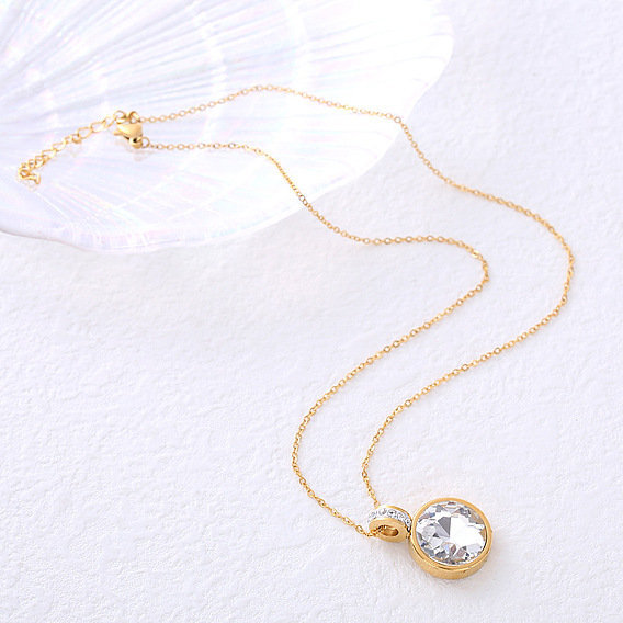 Ожерелья с плоским круглым кулоном из нержавеющей стали с прозрачными кубическими цирконами для женщин