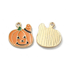 Halloween Rack Plating Alloy Enamel Pendants, Light Gold, Pumpkin Charm