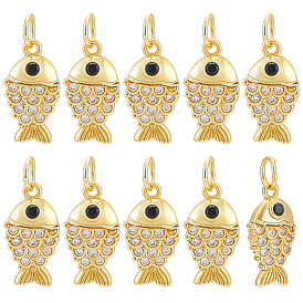 10Pcs Brass Micro Pave Clear Cubic Zirconia Pendants, Fish Charms, Long-Lasting Plated, Lead and Cadmium Free