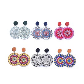 Окрашенные деревянные серьги-гвоздики с рисунком, с плоскими круглыми бусинами из окрашенной груши и 304 из нержавеющей стали, пластиковые гайки для ушей