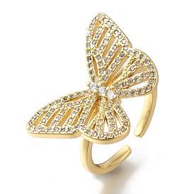 Rack Plating Butterfly Brass Clear Cubic Zirconia Open Cuff Rings, Cadmium Free & Lead Free, Long-Lasting Plated, for Women