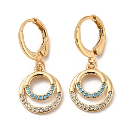 Real 18K Gold Plated Brass Dangle Leverback Earrings, with Cubic Zirconia, Ring