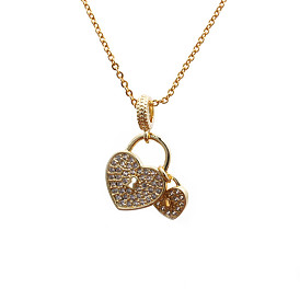 Double Heart Pendant Necklace with Micro-Inlaid Zirconia and Lock Charm - Customizable