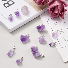 Raw Rough Natural Amethyst Pendants, Nuggets Charms with Platinum Plated Metal Snap on Bails