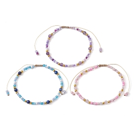 3Pcs 3 Color Natural Mixed Gemstone & Glass Seed Braided Bead Bracelets Set, Nylon Adjustable Bracelets