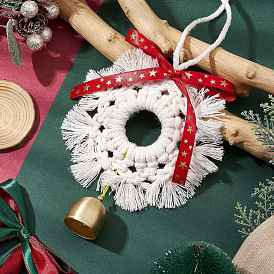 Christmas Handmade Woven Macrame Cotton Thread Snowflake Pendant Decorations, Brass Bell and Wood Rings for Home Party Decorations