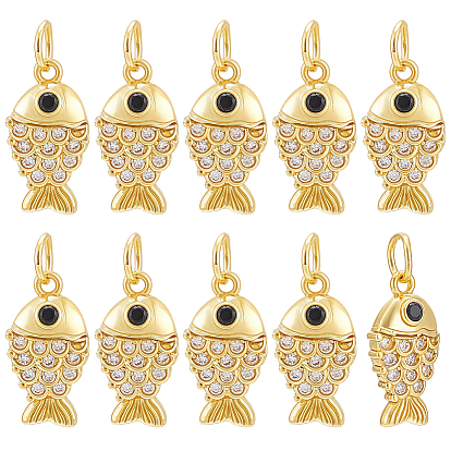 10Pcs Brass Micro Pave Clear Cubic Zirconia Pendants, Fish Charms, Long-Lasting Plated, Lead and Cadmium Free