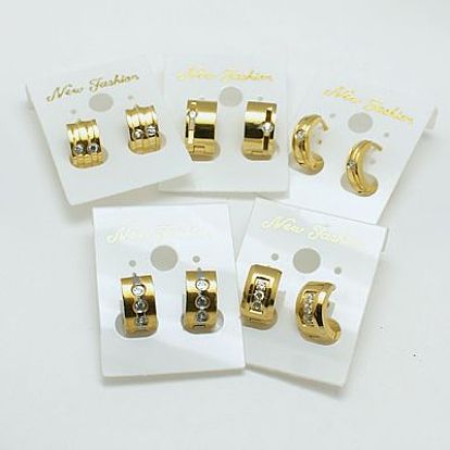 Mode 304 Edelstahl huggie Creolen, mit Strass-Steinen, Vergoldete, 12~12.5x13~13.5x4~9 mm, Stift: 0.8 mm