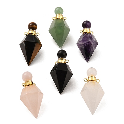 Natural Gemstone Openable Perfume Bottle Pendants, Faceted Diamond Perfume Bottle Charms, with 304 Stainless Steel Findings