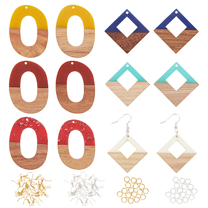 DIY Wooden Dangle Earring Making Kits, Including 12Pcs 2 Colors Oval & Rhombus Resin & Walnut Wood Pendants, Brass Earring Hooks & Jump Rings