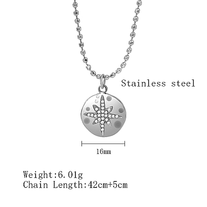Stainless Steel Rhinestone Flat Round with Star Pendant Necklaces, Ball Chain Necklace for Women